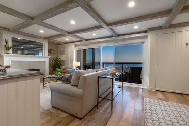 Fireplace, Interior, Living room, Recessed Lighting, Water, Wooden Beams, Wood Texture Flooring