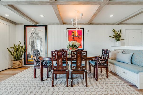 Dining room, Interior, Recessed Lighting, Wooden Beams, Wood Texture Flooring