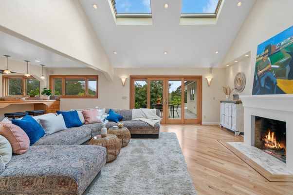 Fireplace, Glass Ceilings, Interior, Living room, Pendant Lights, Recessed Lighting, Wood Texture Flooring