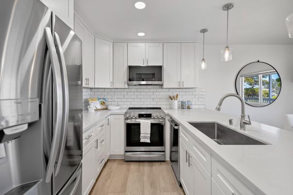 Interior, Kitchen, Pendant Lights, Recessed Lighting, Stainless Steel Appliances, Wood Texture Flooring