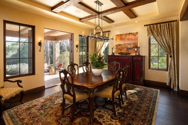 Dining room, Interior, Recessed Lighting, Wooden Beams, Wood Texture Flooring
