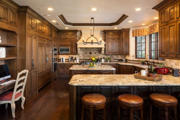 Chandelier, Interior, Kitchen, Recessed Lighting, Stainless Steel Appliances, Wood Texture Flooring
