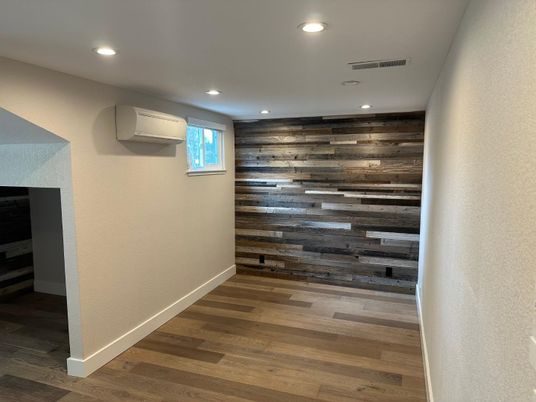 Empty room, Interior, Recessed Lighting, Wood Texture Flooring, Wooden Walls