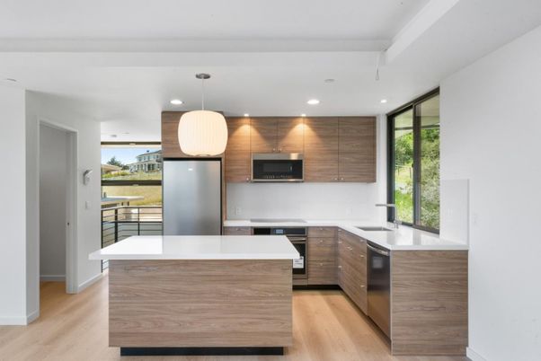 Interior, Kitchen, Pendant Lights, Recessed Lighting, Stainless Steel Appliances, Wood Texture Flooring