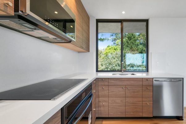 Interior, Kitchen, Recessed Lighting, Stainless Steel Appliances, Wood Texture Flooring