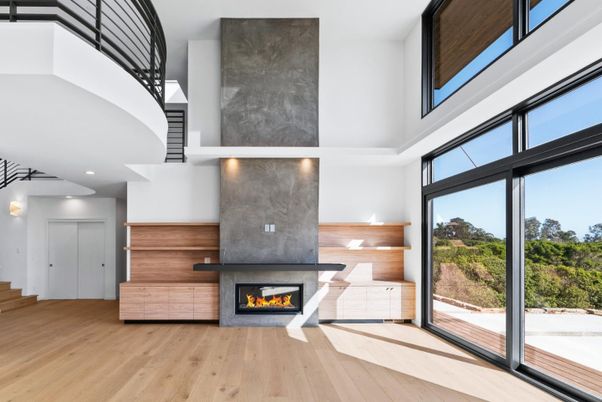 Fireplace, Interior, Recessed Lighting, Wood Texture Flooring