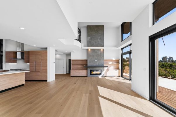 Fireplace, Interior, Kitchen, Recessed Lighting, Wood Texture Flooring
