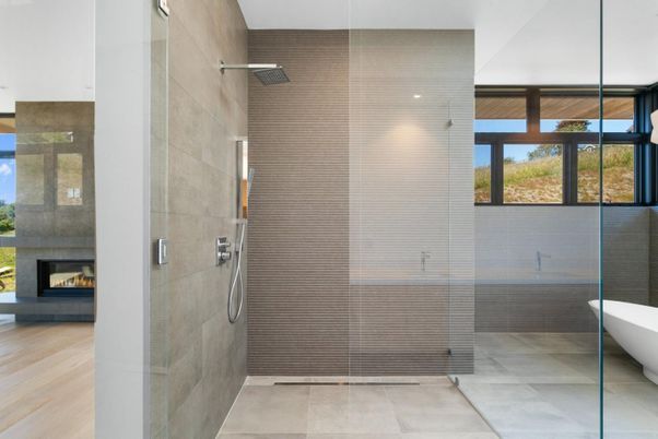 Bathroom, Fireplace, Glass Shower, Interior, Recessed Lighting