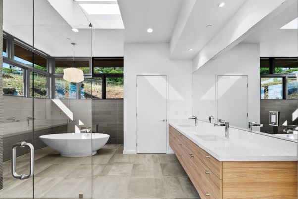 Bathroom, Dual Sink Vanities, Free Standing Baths, Glass Shower, Interior, Pendant Lights, Recessed Lighting