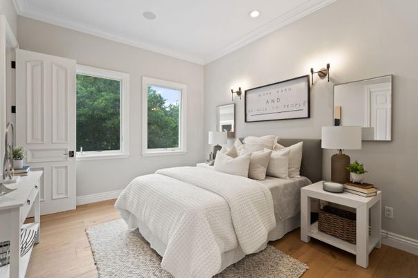 Bedroom, Interior, Recessed Lighting, Wood Texture Flooring