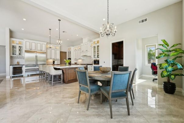 Chandelier, Dining room, Interior, Kitchen, Pendant Lights, Recessed Lighting, Stainless Steel Appliances