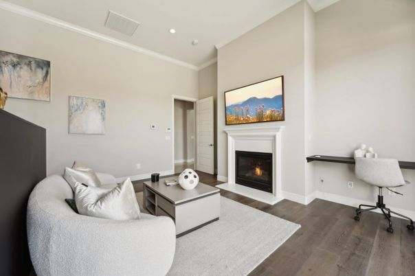 Fireplace, Home Office, Interior, Living room, Recessed Lighting, Wood Texture Flooring