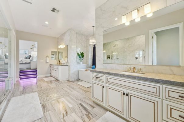Bathroom, Bedroom, Dual Sink Vanities, Glass Shower, Interior, Marble, Marble Walls, Recessed Lighting, Wood Texture Flooring