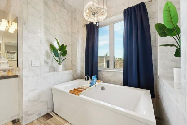 Bathroom, Interior, Marble Walls, Wood Texture Flooring