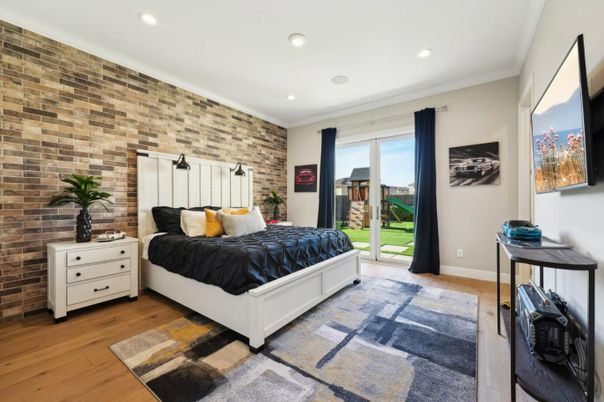 Bedroom, Interior, Recessed Lighting, Stone Walls, Wood Texture Flooring