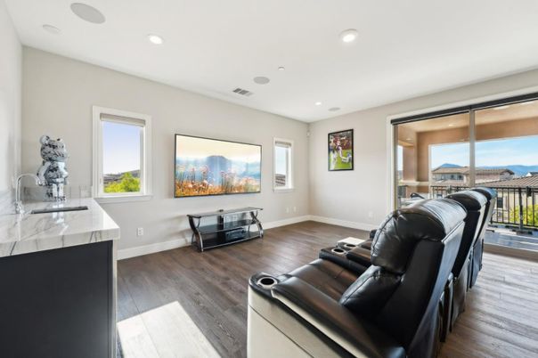 Home Theatre Room, Interior, Recessed Lighting, Wood Texture Flooring