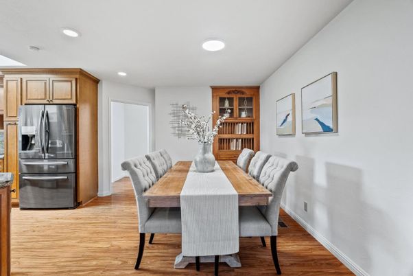 Dining room, Interior, Kitchen, Recessed Lighting, Stainless Steel Appliances, Wood Texture Flooring