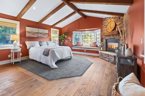 Bedroom, Fireplace, Interior, Recessed Lighting, Wooden Beams, Wood Texture Flooring