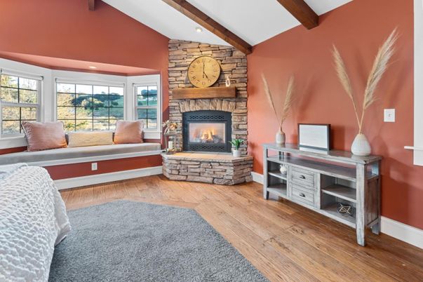 Fireplace, Interior, Recessed Lighting, Stone Walls, Wooden Beams, Wood Texture Flooring