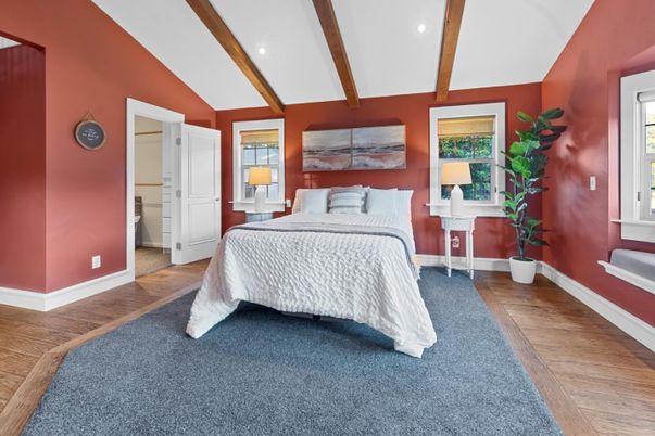 Bedroom, Interior, Recessed Lighting, Wooden Beams, Wood Texture Flooring