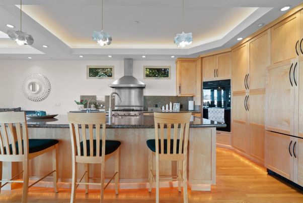 Interior, Kitchen, Pendant Lights, Recessed Lighting, Stainless Steel Appliances, Wood Texture Flooring