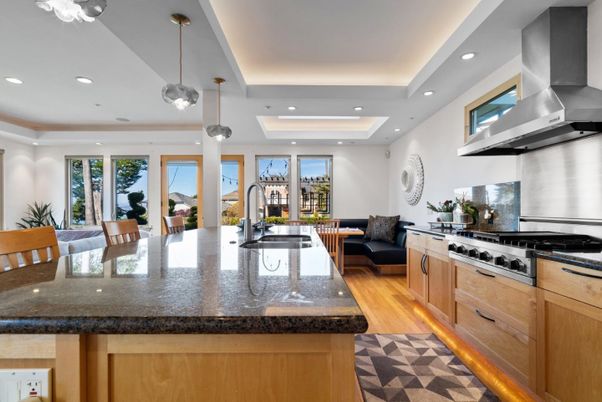 Interior, Kitchen, Living room, Pendant Lights, Recessed Lighting, Stainless Steel Appliances, Wood Texture Flooring