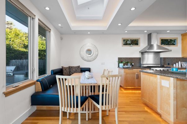 Dining room, Interior, Kitchen, Recessed Lighting, Stainless Steel Appliances, Wood Texture Flooring