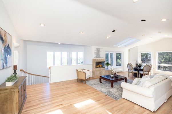 Dining room, Fireplace, Interior, Living room, Recessed Lighting, Wood Texture Flooring