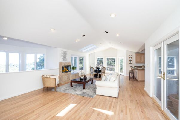 Fireplace, Interior, Living room, Recessed Lighting, Wood Texture Flooring