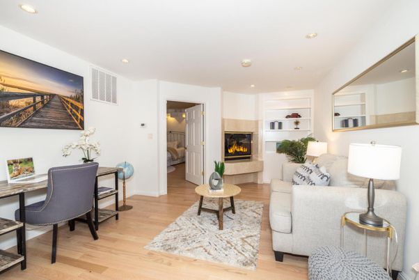 Fireplace, Home Office, Interior, Living room, Recessed Lighting, Wood Texture Flooring