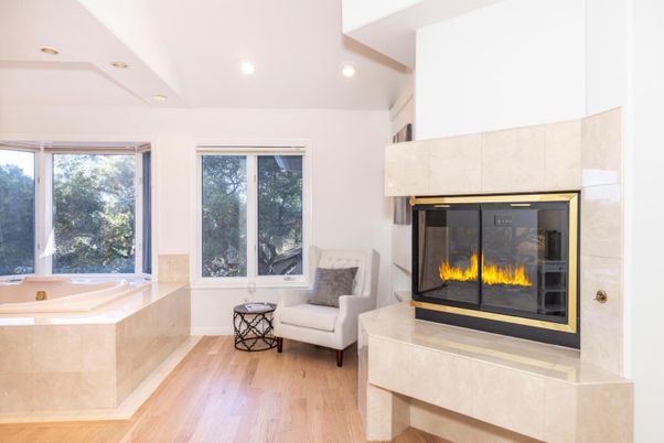 Bathroom, Fireplace, Interior, Recessed Lighting, Wood Texture Flooring