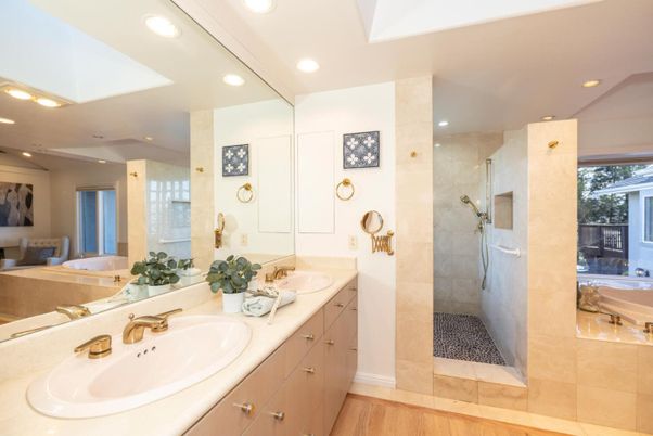 Bathroom, Dual Sink Vanities, Glass Shower, Interior, Recessed Lighting, Wood Texture Flooring
