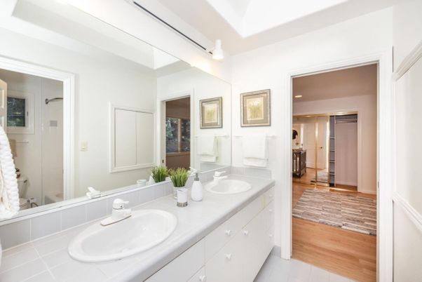 Bathroom, Dual Sink Vanities, Interior, Recessed Lighting, Tile Countertops, Wood Texture Flooring