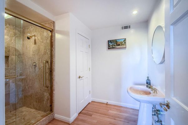 Bathroom, Glass Shower, Interior, Recessed Lighting, Wood Texture Flooring