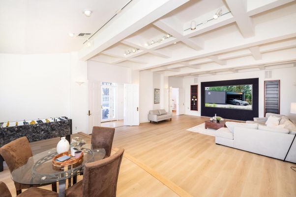 Dining room, Interior, Living room, Recessed Lighting, Wood Texture Flooring