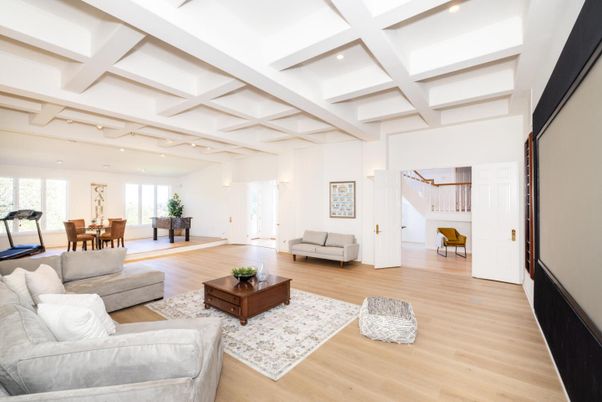 Dining room, Interior, Living room, Recessed Lighting, Wood Texture Flooring