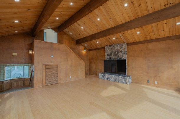 Empty room, Fireplace, Interior, Recessed Lighting, Wooden Beams, Wooden Ceilings, Wood Texture Flooring, Wooden Walls