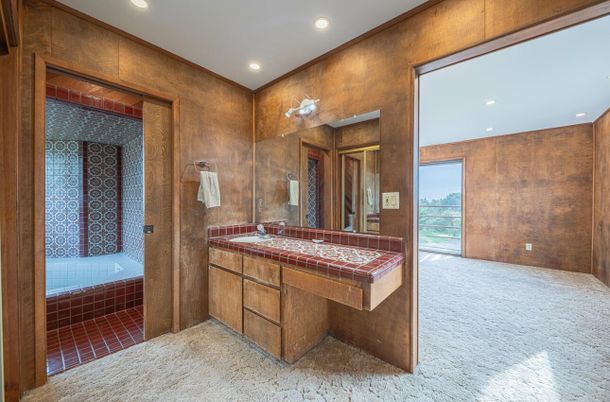Bathroom, Interior, Recessed Lighting, Tile Countertops, Wooden Walls