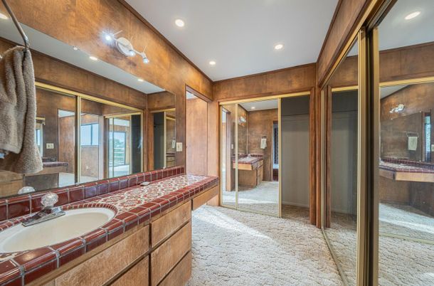 Bathroom, Dual Sink Vanities, Interior, Recessed Lighting, Tile Countertops, Wooden Walls