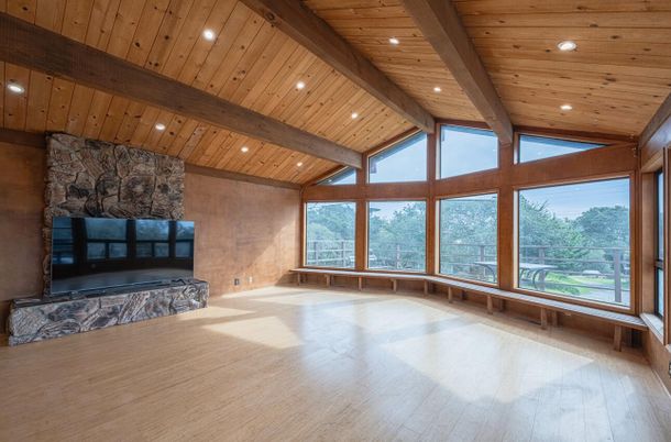 Fireplace, Interior, Recessed Lighting, Stone Walls, Wooden Beams, Wooden Ceilings, Wood Texture Flooring
