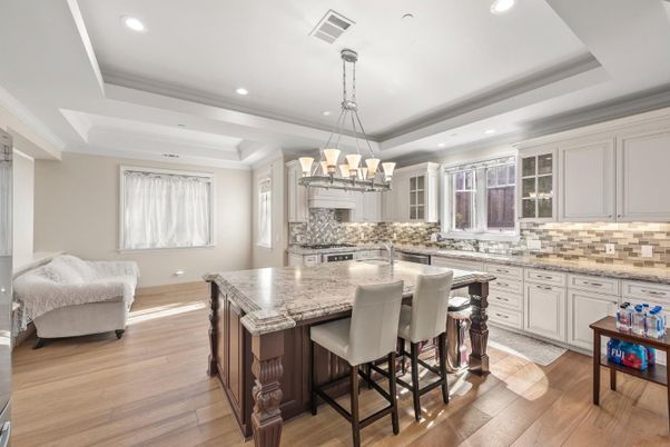 Chandelier, Interior, Kitchen, Recessed Lighting, Stainless Steel Appliances, Wood Texture Flooring