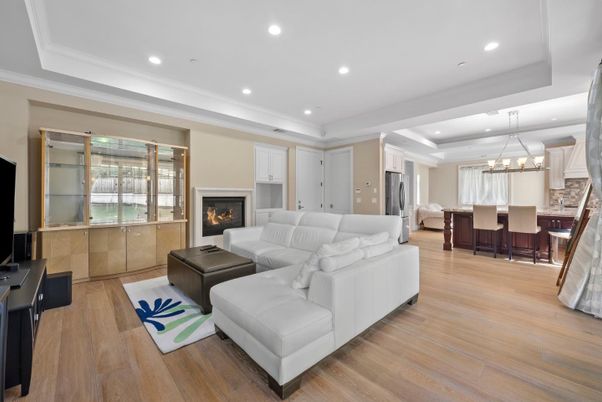 Fireplace, Interior, Kitchen, Living room, Pendant Lights, Recessed Lighting, Wood Texture Flooring