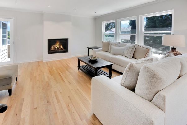 Fireplace, Interior, Living room, Recessed Lighting, Wood Texture Flooring
