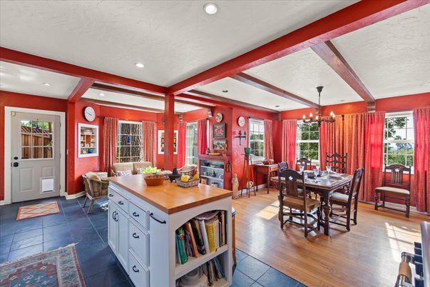Chandelier, Dining room, Interior, Kitchen, Recessed Lighting, Wooden Beams, Wood Texture Flooring