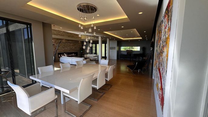 Dining room, Fireplace, Interior, Living room, Pendant Lights, Recessed Lighting, Stone Walls, Wood Texture Flooring