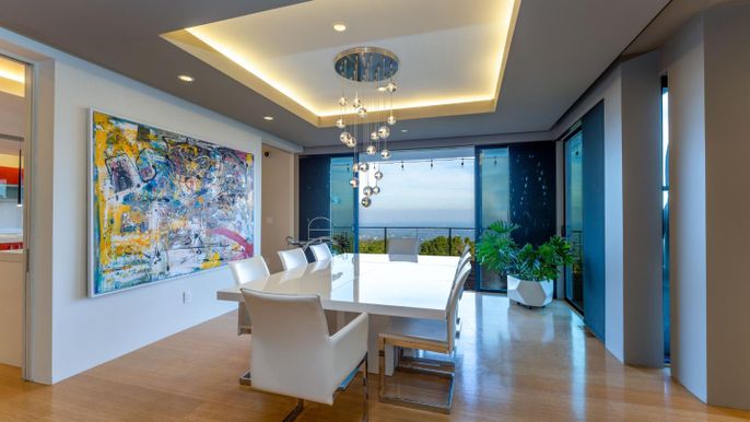 Dining room, Interior, Pendant Lights, Recessed Lighting, Water, Wood Texture Flooring