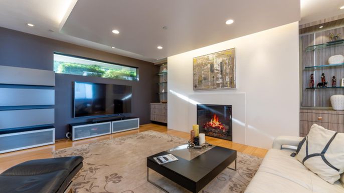 Fireplace, Interior, Living room, Recessed Lighting, Wood Texture Flooring