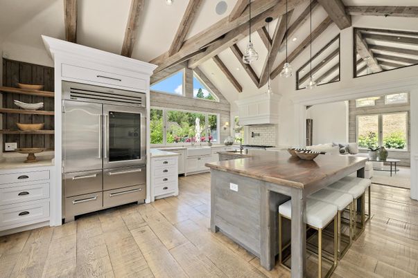 Interior, Kitchen, Pendant Lights, Stainless Steel Appliances, Wooden Beams, Wood Texture Flooring
