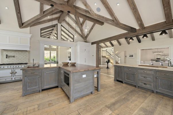 Interior, Kitchen, Pendant Lights, Recessed Lighting, Stainless Steel Appliances, Wooden Beams, Wood Texture Flooring