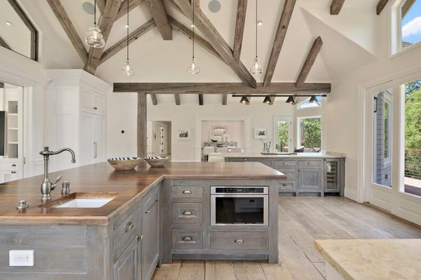 Interior, Kitchen, Pendant Lights, Wooden Beams, Wood Texture Flooring